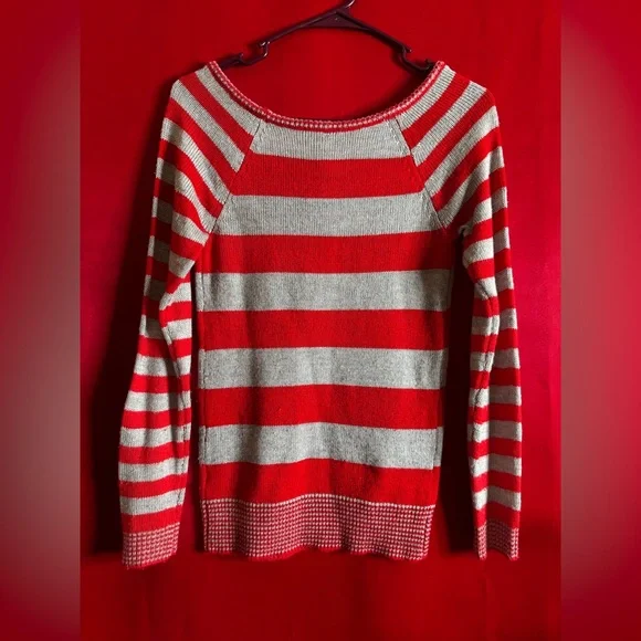 #307-Aeropostale Red/Gray Striped Crewneck Lightweight Sweater Size Small - Picture 3 of 3
